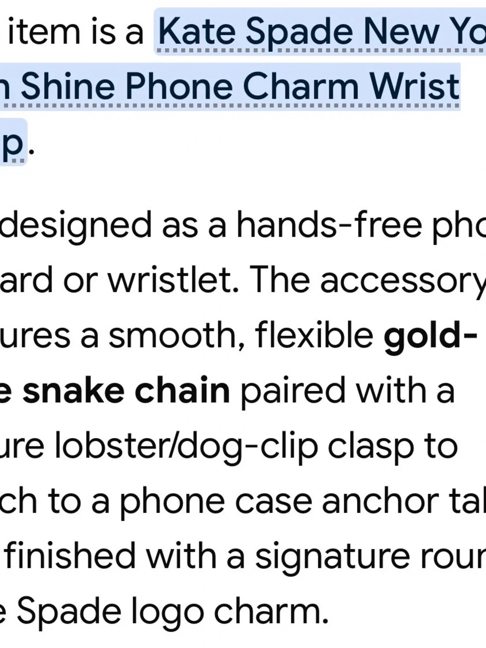 kate spade Luxe Gold Square Snake Chain phone Charm wrist chain